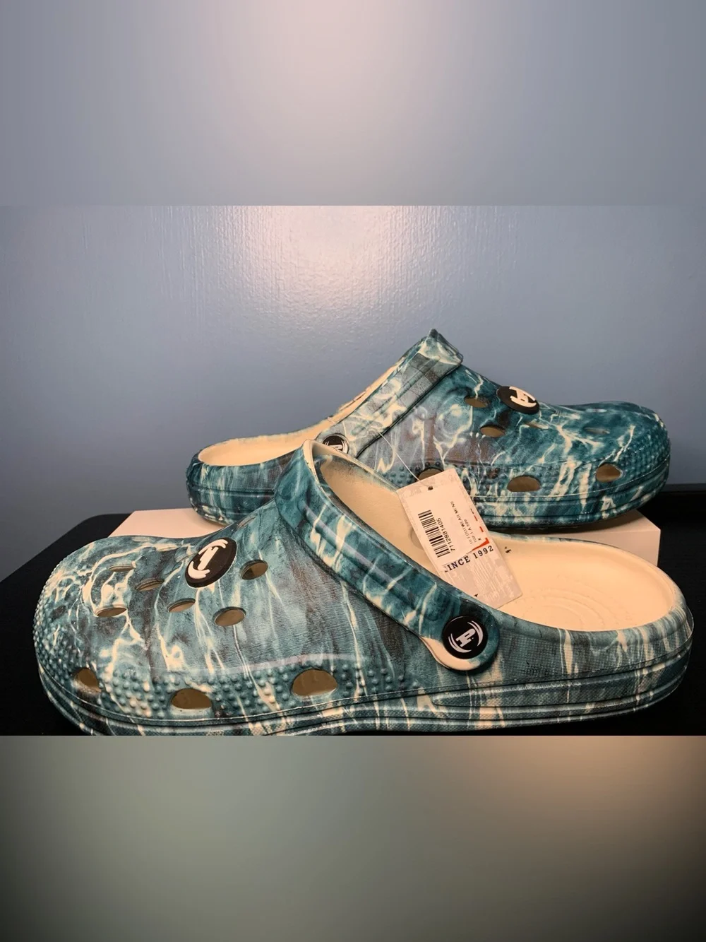 PhatFarm Water-Print Slip-On Clogs Sandals in Teal Blue